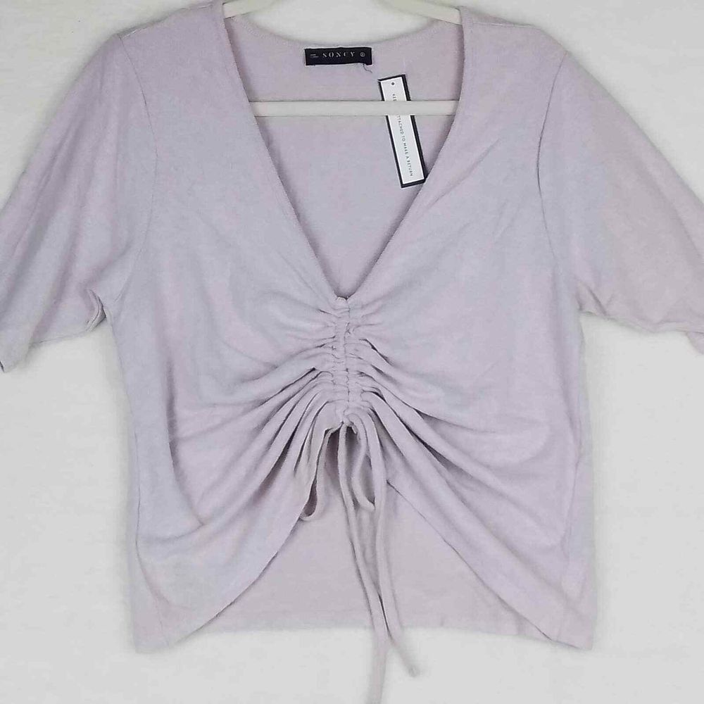 Soncy Womens Knit Tee Top 14/16 Pink Gray Short Sleeve Ruched Front V‎ Neck Crop